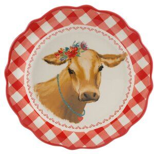 Pioneer Woman Red Gingham Salad Plate Brown Cow Decal 8.75in Round Ceramic New